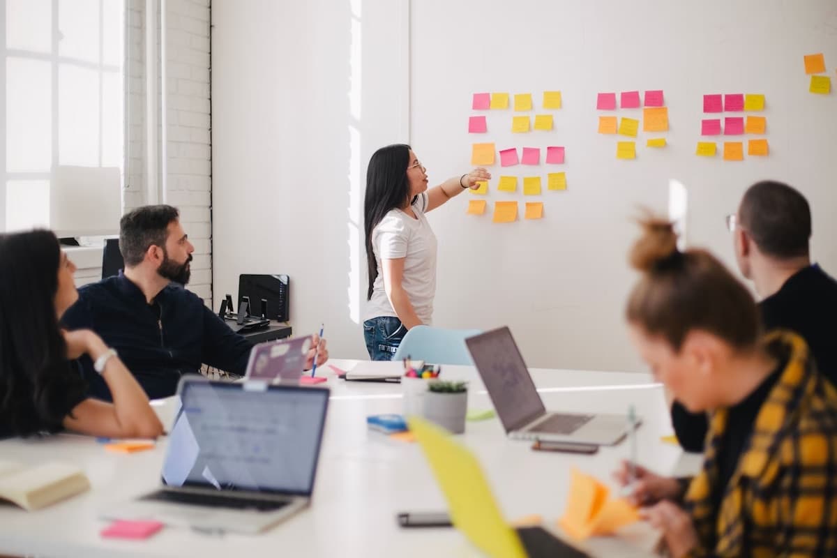 DINJAN team planning a project around a wall of sticky notes